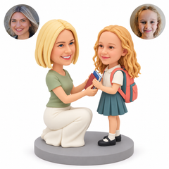 custom bobblehead figures mother kneeling to give books to her daughter with a school backpack