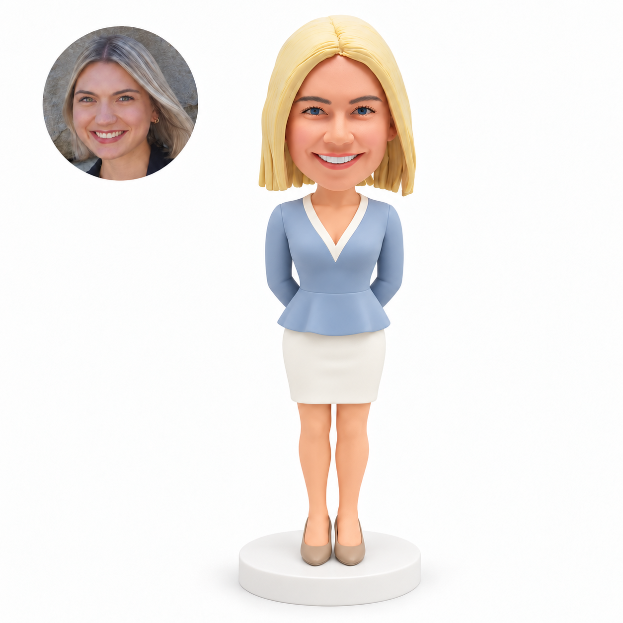 custom bobblehead figure woman in a V-neck blouse and pencil skirt with both hands behind her back