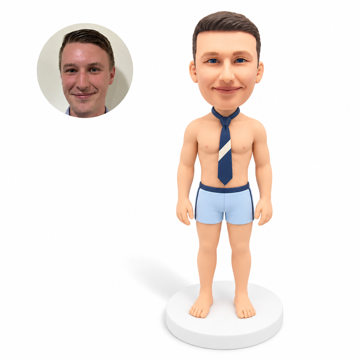 custom bobblehead figure shirtless man in shorts and a necktie standing with both arms down
