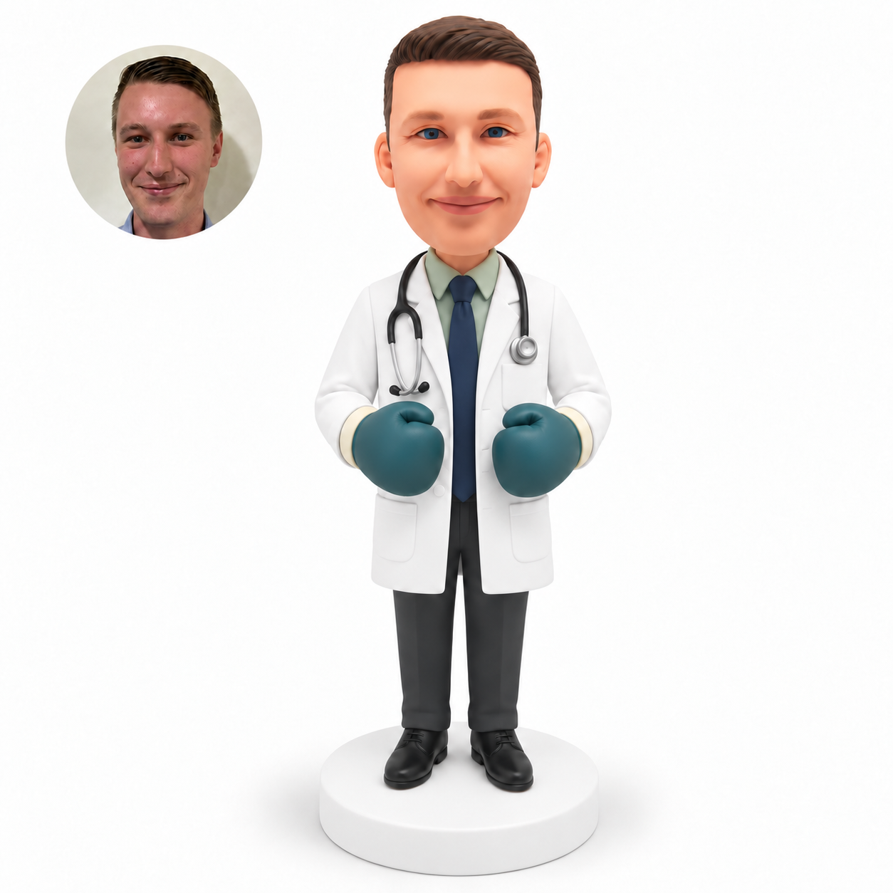custom bobblehead figure male doctor wearing boxing gloves and a stethoscope