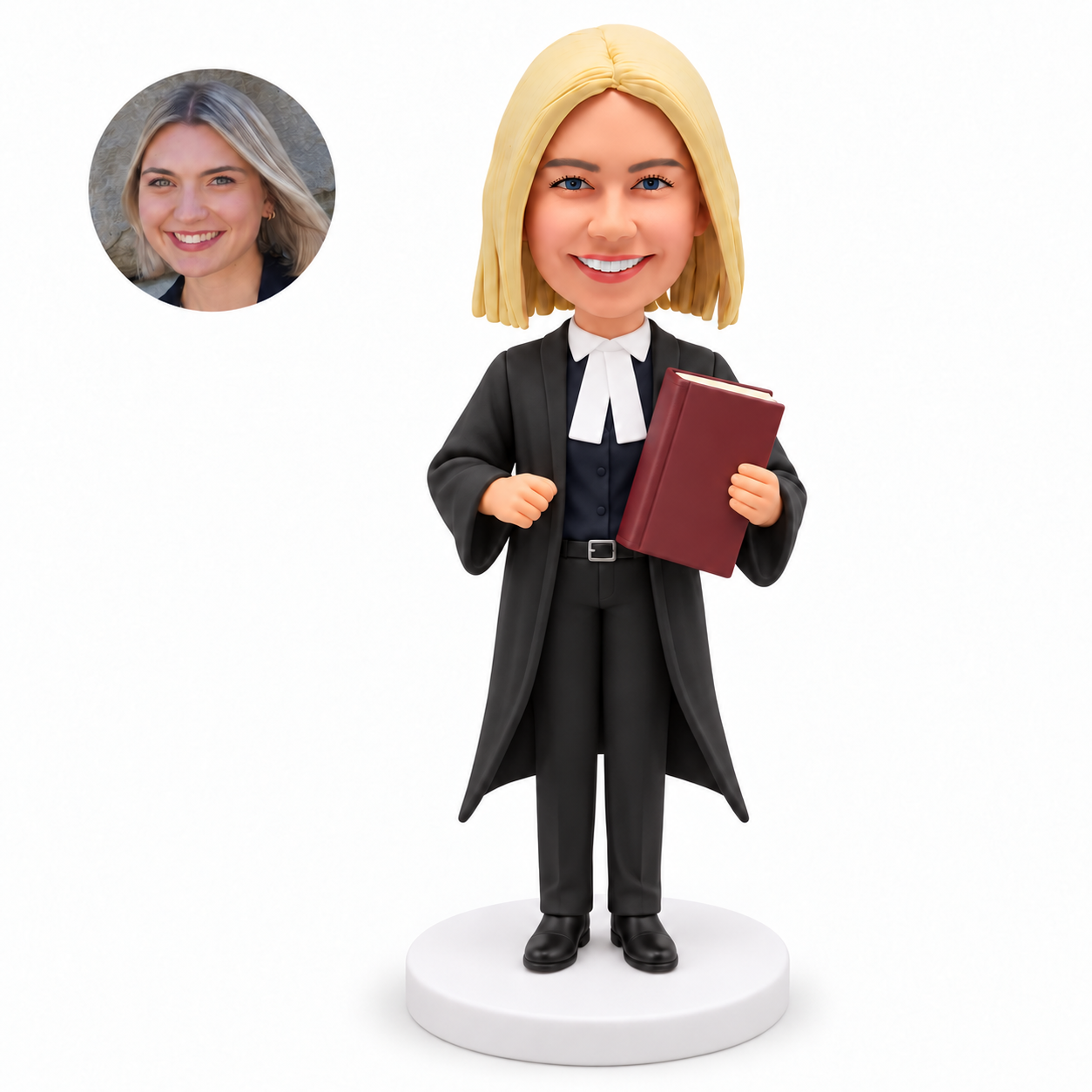 custom bobblehead figure female lawyer holding a law book with her other arm bent