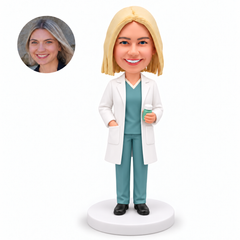 custom bobblehead figure female pharmacist holding a medicine bottle with one hand in her coat pocket