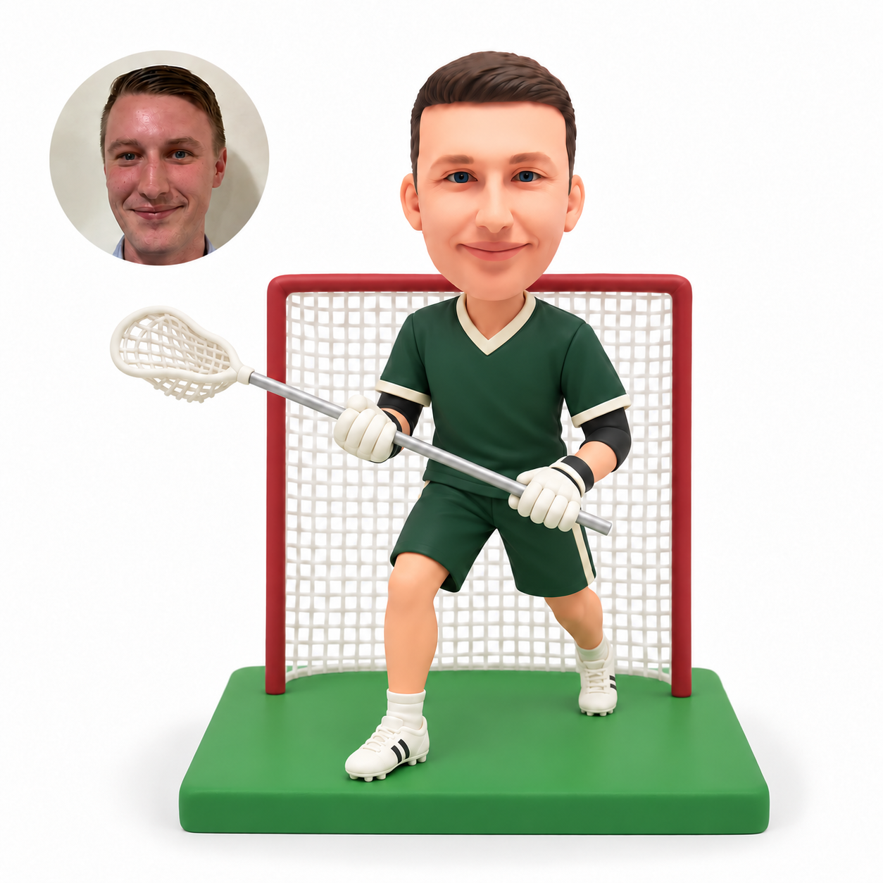 custom bobblehead figure male lacrosse player stepping forward in front of a goal