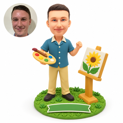 custom bobblehead figure male painter holding a palette beside an easel