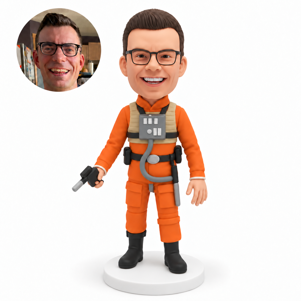 custom bobblehead figure man in an orange utility suit with a chest unit and hose