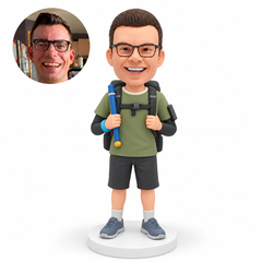 custom bobblehead figure male hiker holding a short pole and a backpack strap