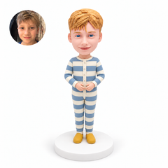 custom bobblehead figure young boy in a striped onesie with both hands together at his waist