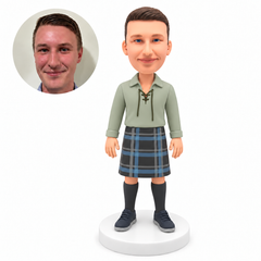 custom bobblehead figure male in a lace-up shirt and Scottish kilt with both arms down