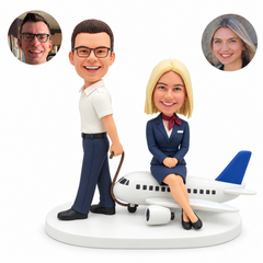 custom bobblehead figures pilot and flight attendant beside a passenger airplane