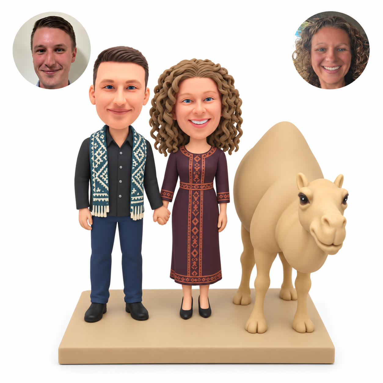 custom bobblehead figures couple holding hands beside a camel
