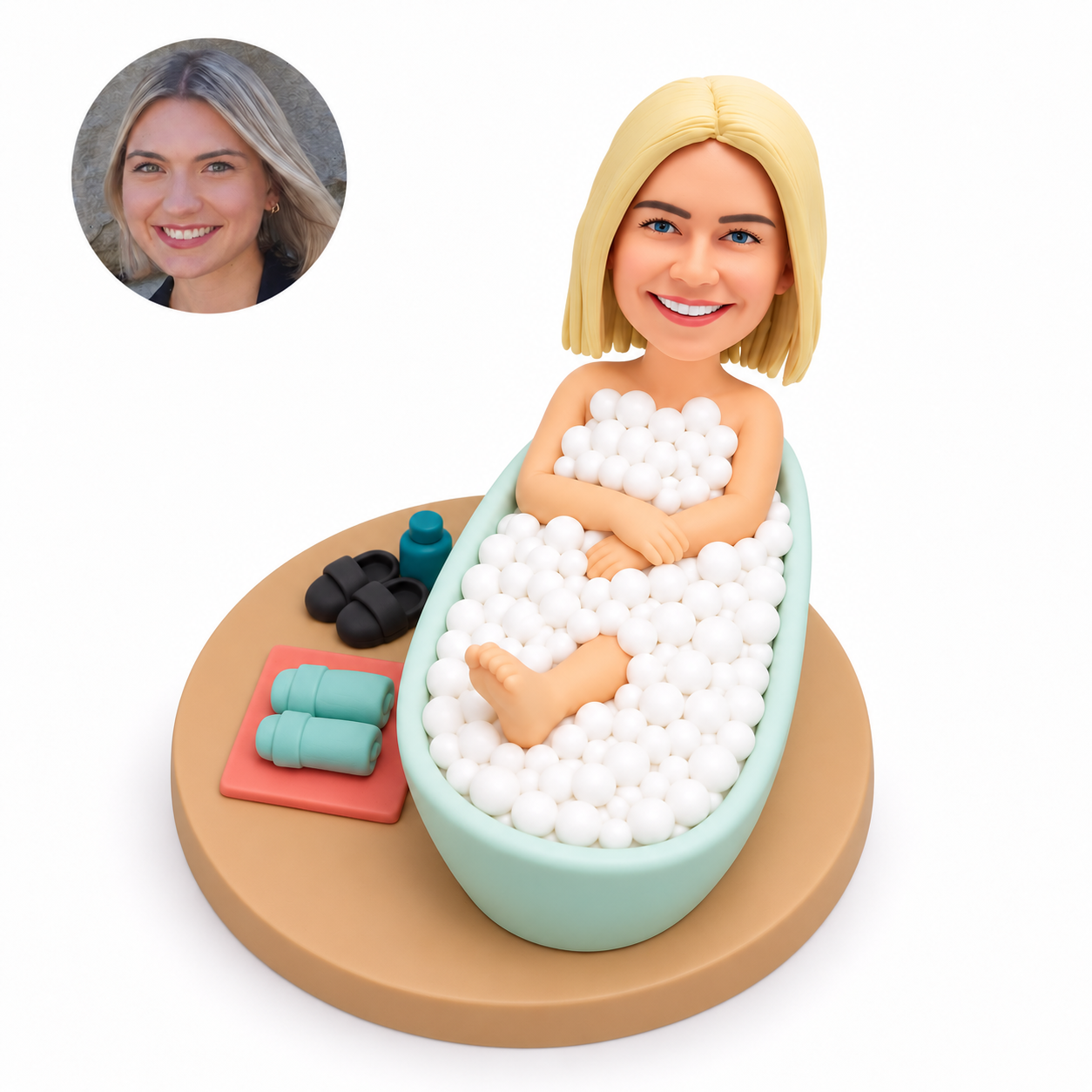 custom bobblehead figure woman in a bubble bath with folded arms