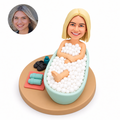 custom bobblehead figure woman in a bubble bath with folded arms
