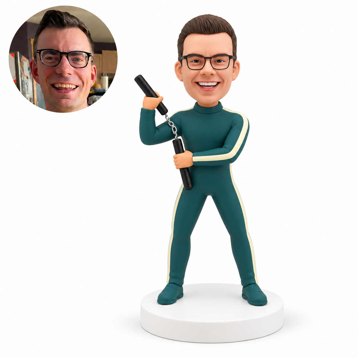 custom bobblehead figure martial artist holding nunchaku with one hand raised