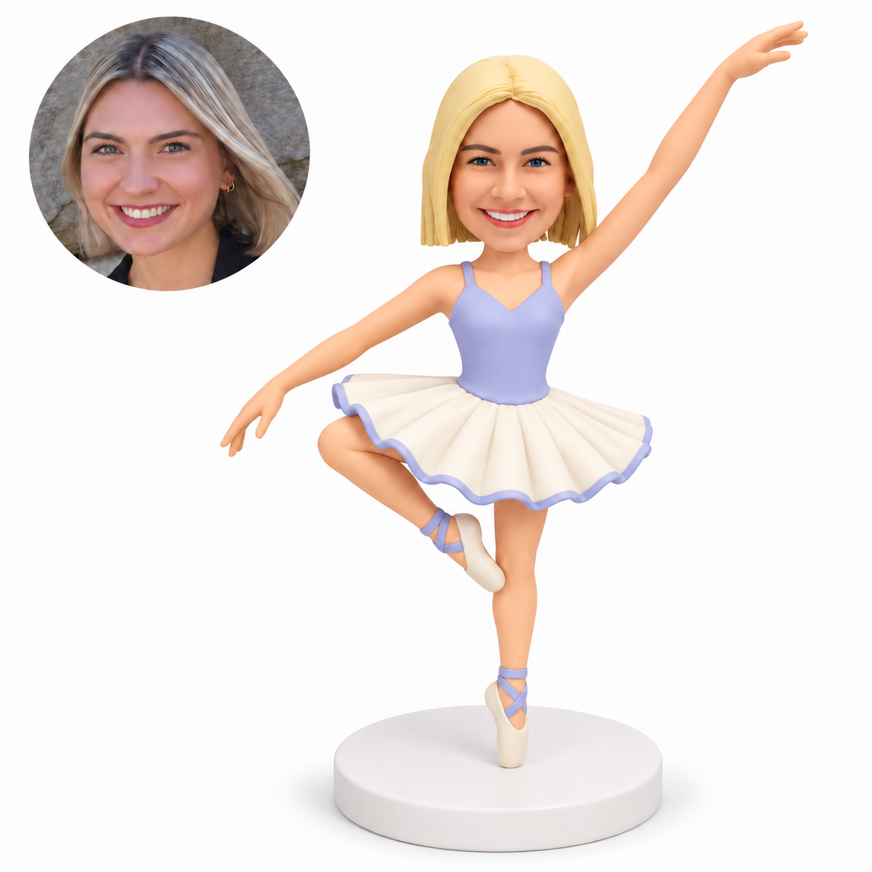 custom bobblehead figure female ballet dancer with one arm raised and the other lowered