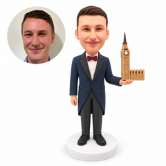 custom bobblehead figure architect holding a clock tower building model
