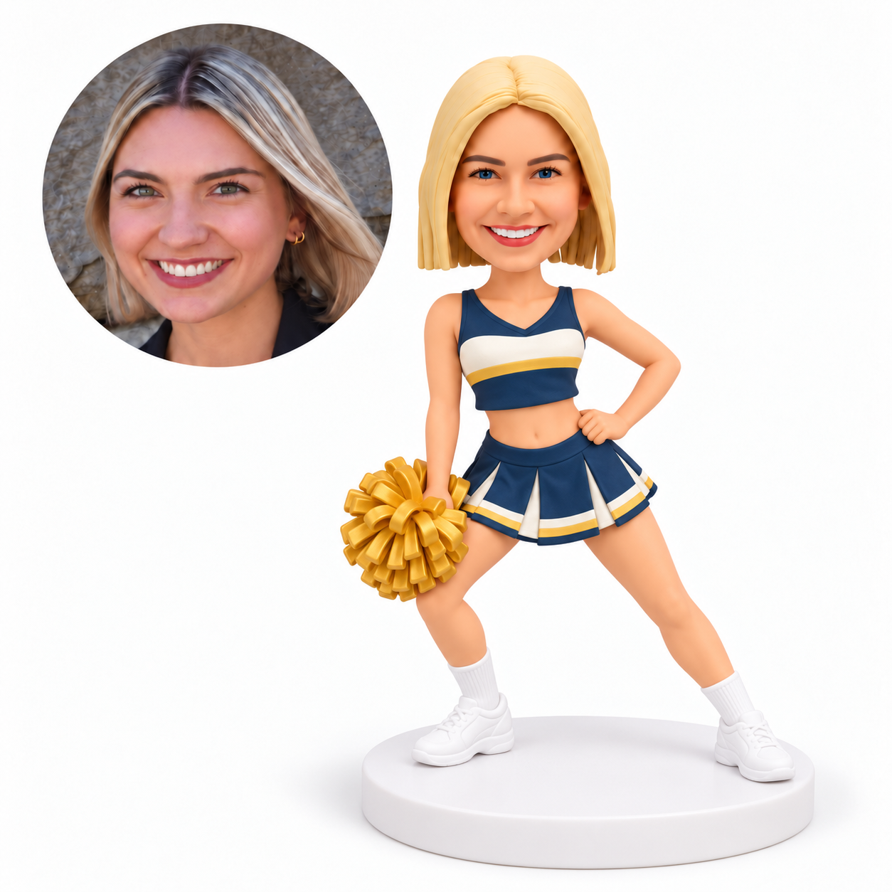 custom bobblehead figure female cheerleader holding one pom pom low with her other hand on her hip