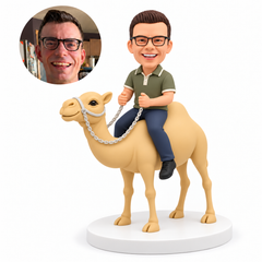custom bobblehead figure man riding a camel while holding the reins