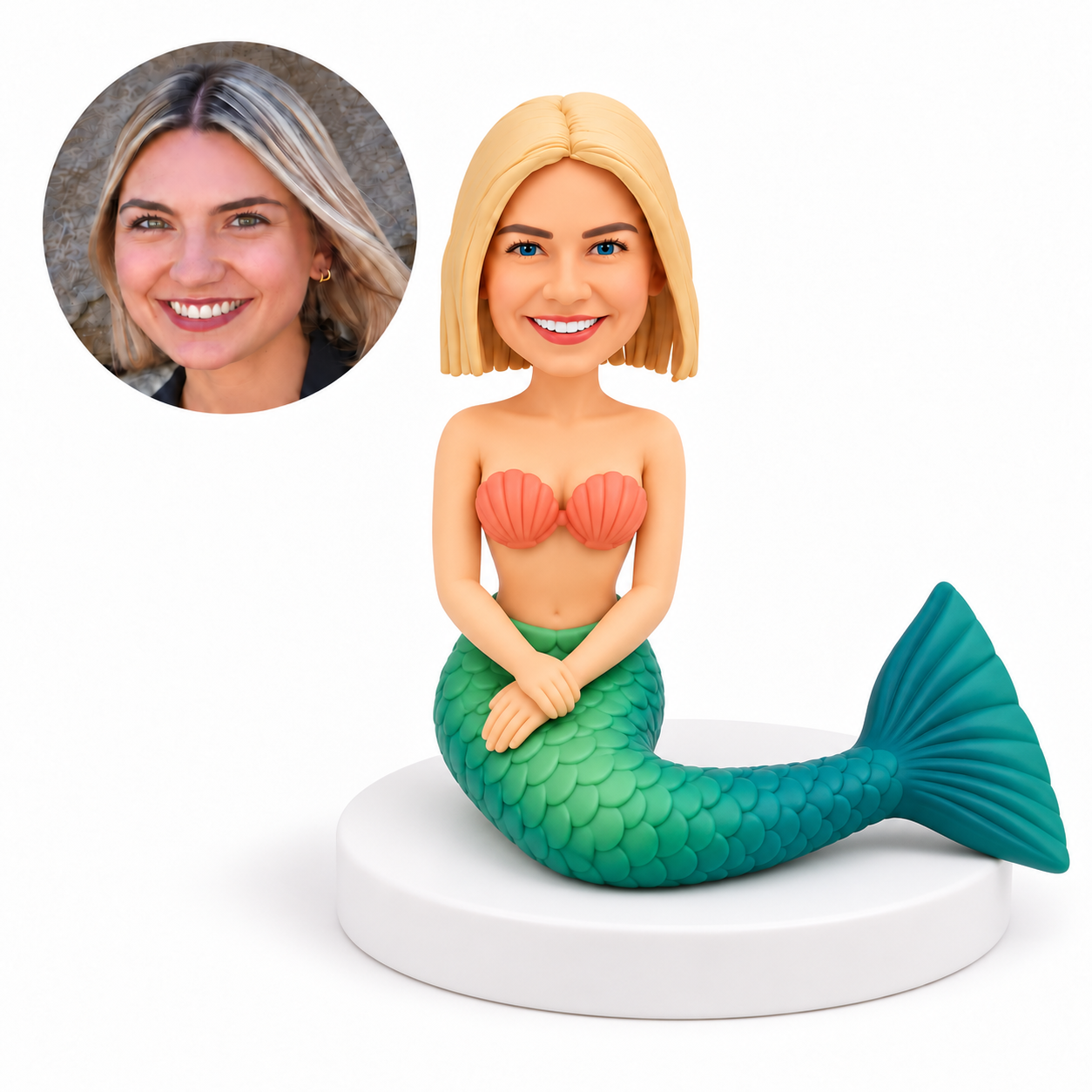 custom bobblehead figure seated mermaid with hands overlapped on her lap and a tail curved to one side