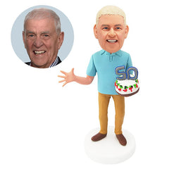 personalised bobble head figure man holding a cake celebrate his birthday