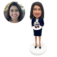 personalised bobblehead figure woman holding a cake celebrate birthday