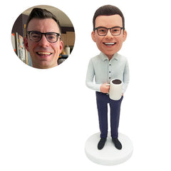 customized bobble head figure male colleague staff holding a cup ofcoffee