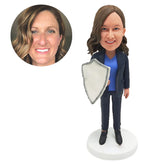 customized bobble head figure office lady holding a shield