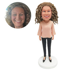 personalised bobble head figure casual lady in pink long sleeve