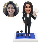 personalised bobblehead figure female boss holding a megaphone with dumbbells on the ground