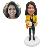 personalised bobblehead figure female boss holding white paper and a cup of coffee
