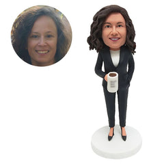 personalized bobble head figure female boss colleague holding a cup of coffee