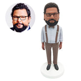 customized bobblehead figure colleague in suit pants with suspenders