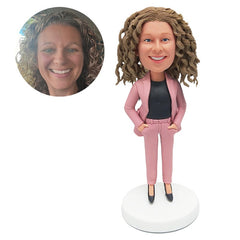 custom bobblehead figure business woman with hands in the pockets