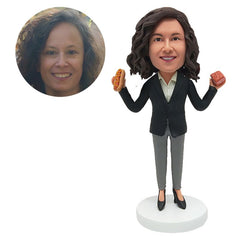 customised bobble head female colleague business woman holding hot dog and cake