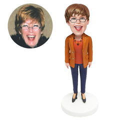 customized bobble head figure business woman in orange jacket