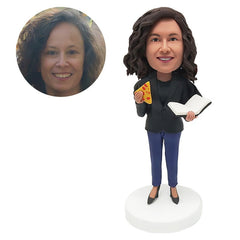 custom made bobble head female colleague with a book and a pizza