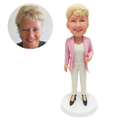personalised bobble head female boss colleague in pink jeacket