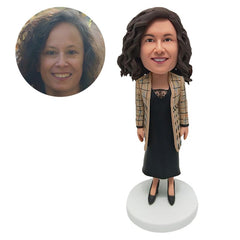 personalized bobble head female boss colleague elegant lady in plaid coat