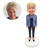 personalized bobble head figure business woman staff in denim jacket