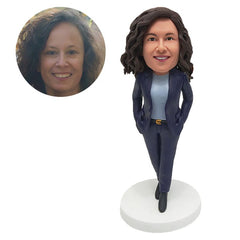 personalised bobble head figurine female collage with hands in the pocket