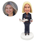 customized bobblehead figure casual lady holding a plane and a drink
