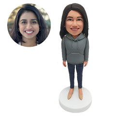 customized bobble head figure casual lady in hoodie