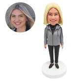 customized bobble head figure office lady in zip up hoodie