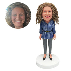 customised bobble head figure female boss in striped long sleeve shirt