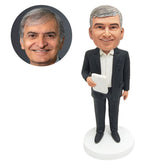 customized bobble head figure male boss business man holding a notebook