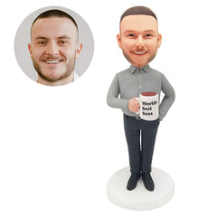 personalized bobble head figure male colleague staff holding a cup ofcoffee