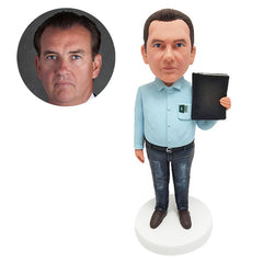 personalised bobblehead figure businessman colleagure holding a notebook