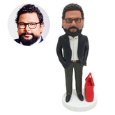 custom made bobble head businessman male staff with a shopping bag