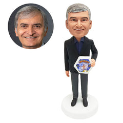 customised bobblehead salesman business man holding a merchandise with logo