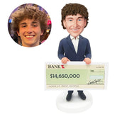 customised bobble head business man bank manager holding a check