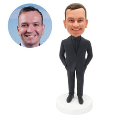customised bobble head figurine male boss business man with hands in the pockets